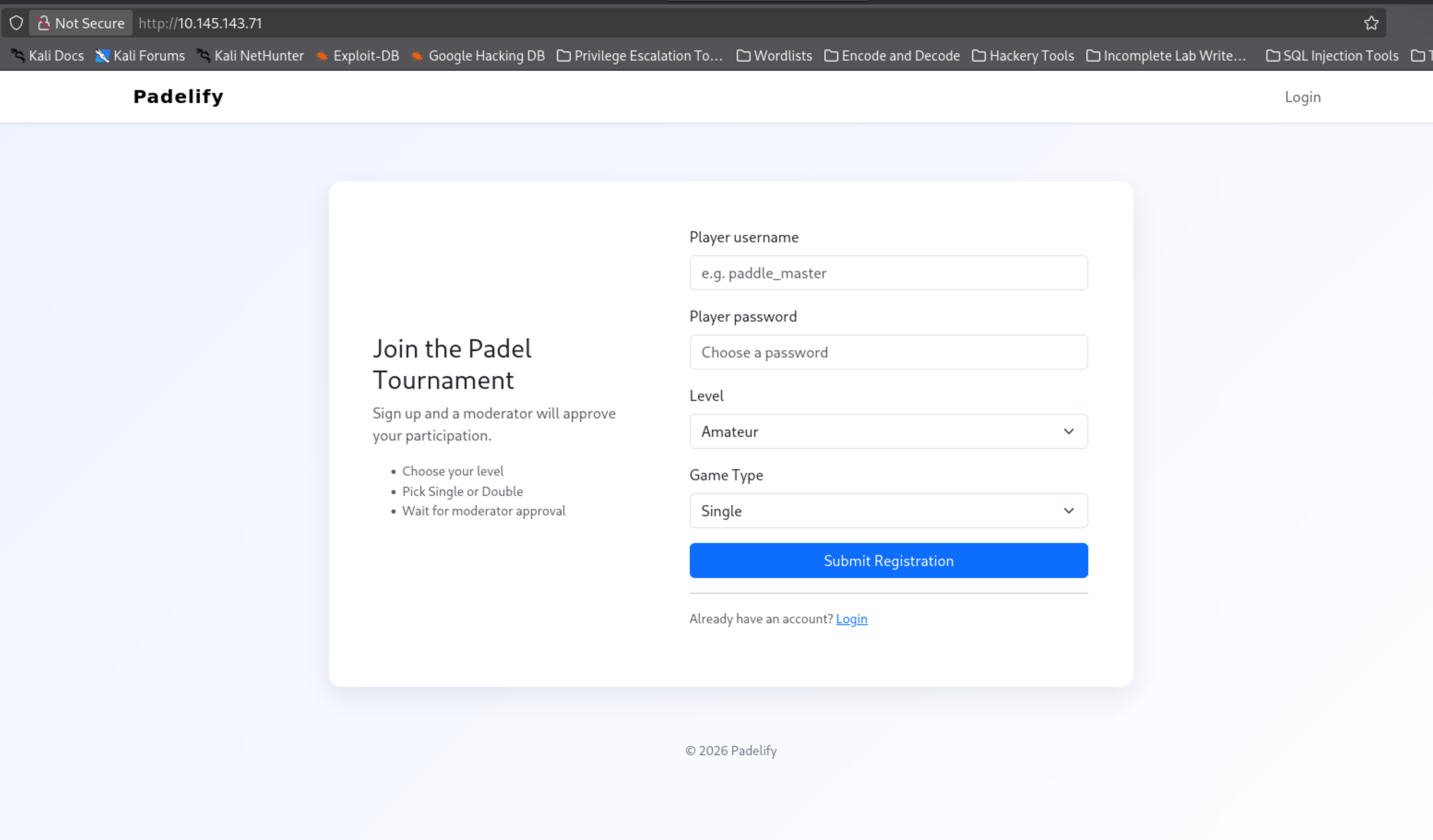 site in browser showing landing page with registration link